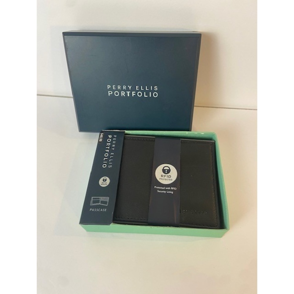 Perry Ellis Portfolio Mens Black Genuine Leather RFID Passcase Wallet NIB